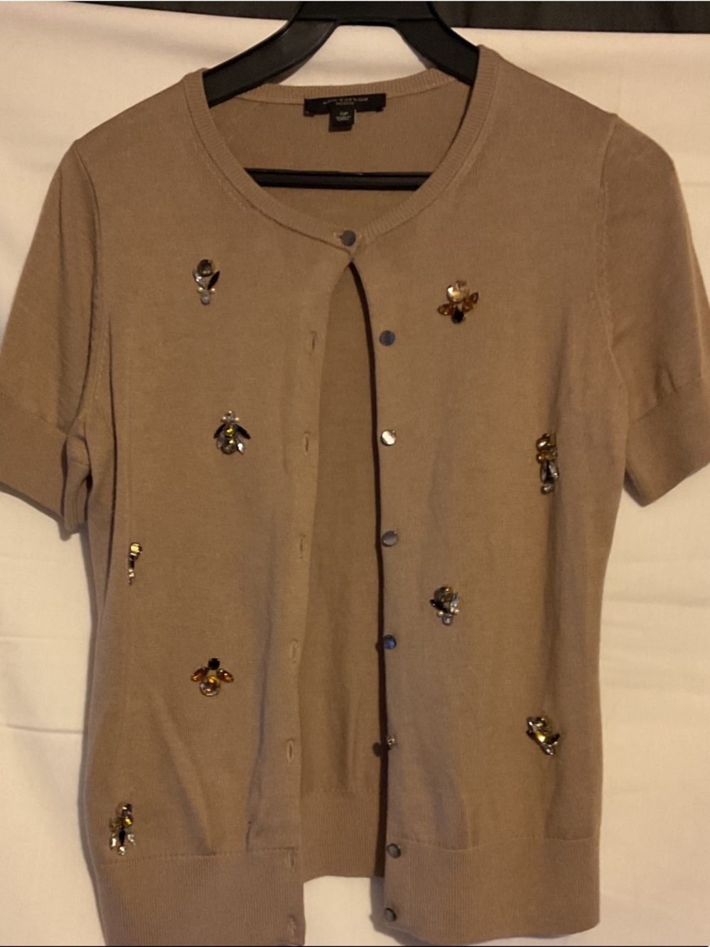 Ann Taylor Taupe Short-Sleeve Button Cardigan with Bee Beaded Embellishments
